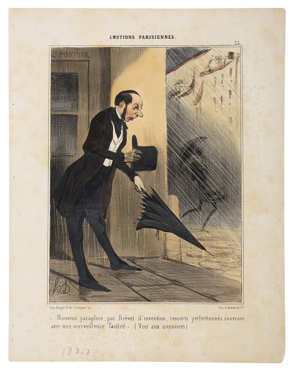 Honoré Daumier, Ein neu patentierter Regenschirm, 1840, Handkolorierte Lithografie, Kunstmuseum Pablo Picasso Münster